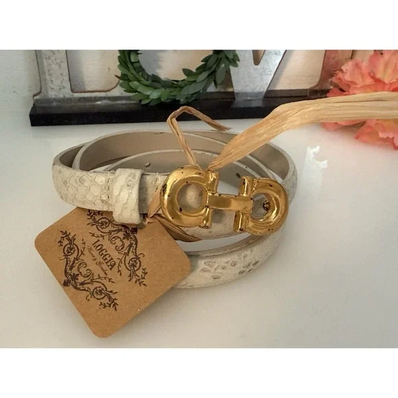 Anna Pellissari Size L Gold Tone Buckle Beige Gray Animal Print Leather Belt NWT - Picture 10 of 16